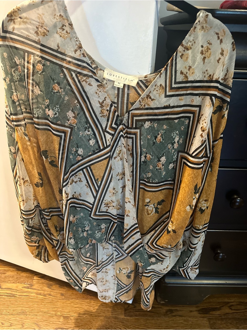 lovestitch Green, Mustard & Cream Floral Patchwork V-Neck Blouse